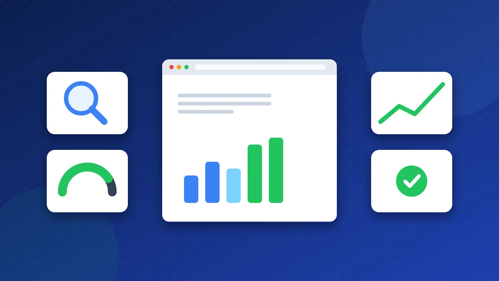 Illustration of a small shop website surrounded by free SEO tools: a search chart, a magnifier, a speed gauge and a keyword list.