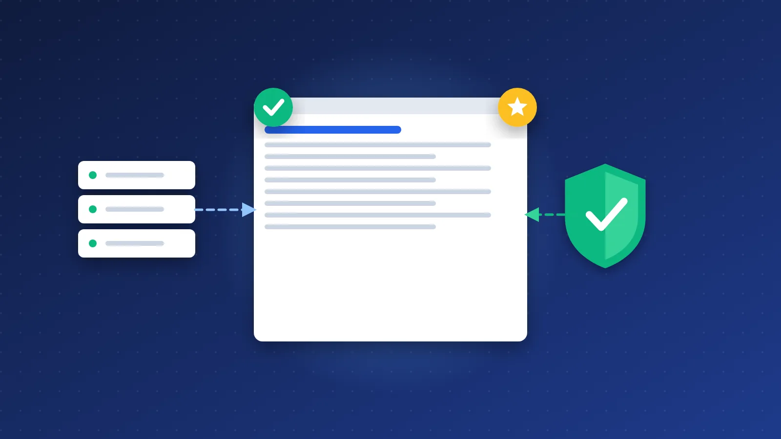 Illustration of a directory page with a server, a security shield and quality badges