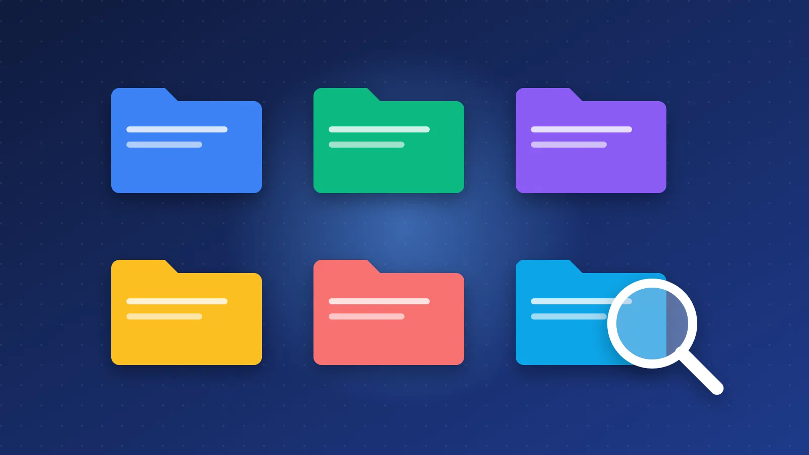 Illustration of colourful category folders being searched with a magnifying glass, like a web directory